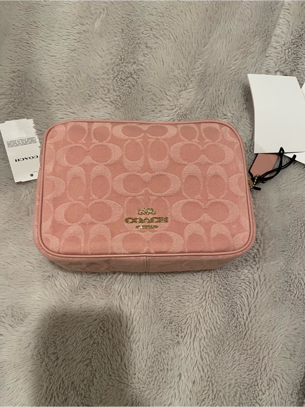 Authentic Coach Pink Signature Jacquard Cosmetic Case with Gold Logo